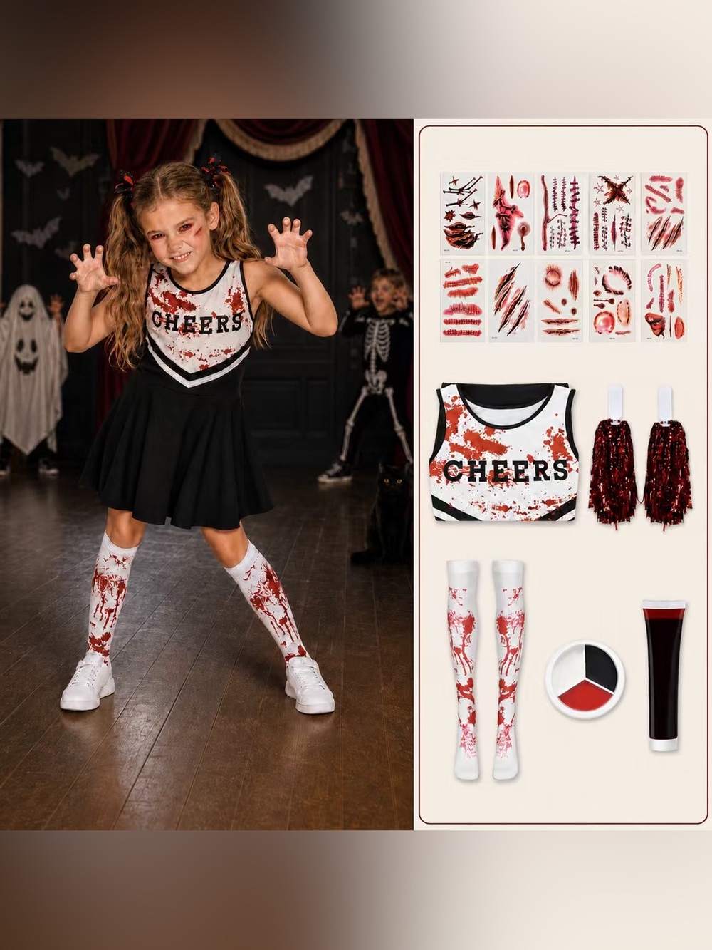 Girls Zombie Cheerleader Costume with Pom Poms Halloween